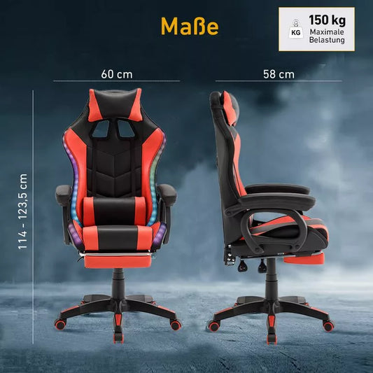 Scaun de gaming RGB LED cu pernă şi cotiere, în culori roşu-negru