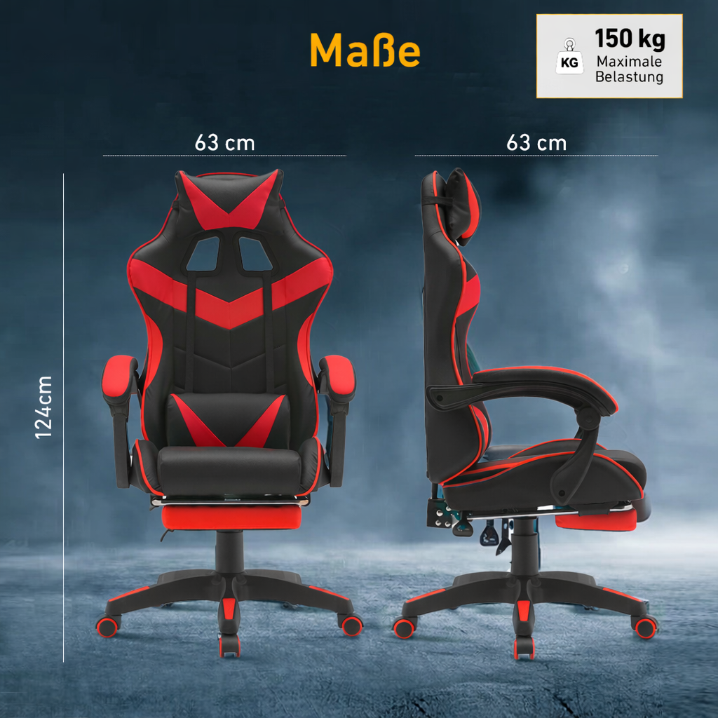 Scaun de gaming cu tapiţerie din piele ecologică, suport pentru picioare şi braţe, negru-roşu