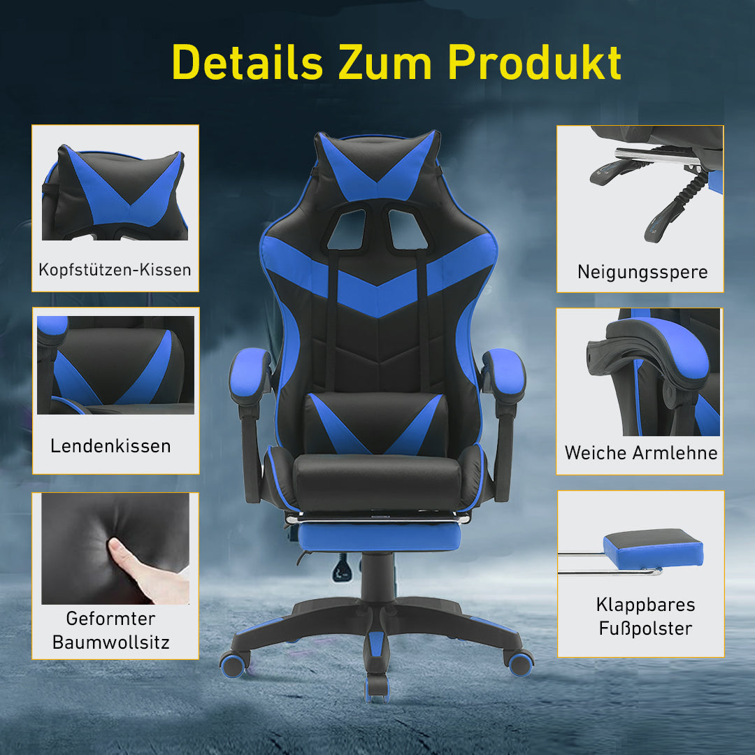 Scaun de gaming din piele ecologică, cu suport pentru picioare şi cotiere, în culori negru-albastru