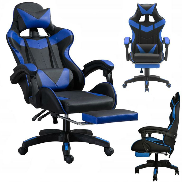 Zelux scaun de gaming din piele ecologică, cu suport pentru picioare şi cotiere, în culori negru-albastru