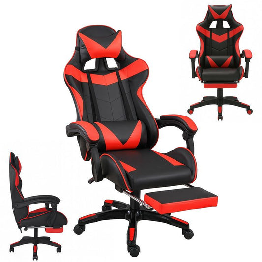 Zelux scaun de gaming cu tapiţerie din piele ecologică, suport pentru picioare şi braţe, în culori negru-roşu