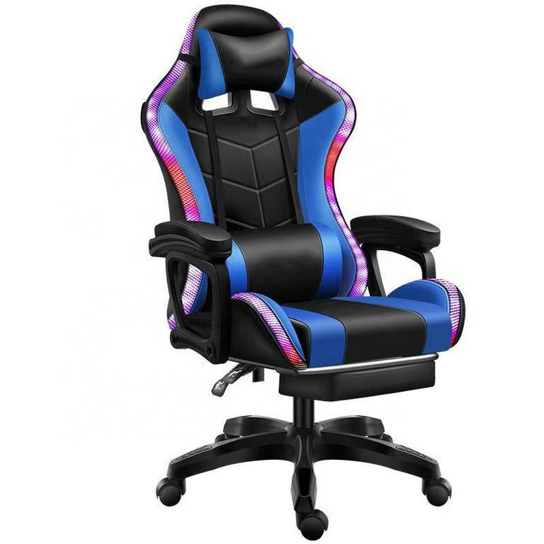 Scaun de gaming Zelux RGB LED cu pernă şi cotiere, în culori albastru-negru