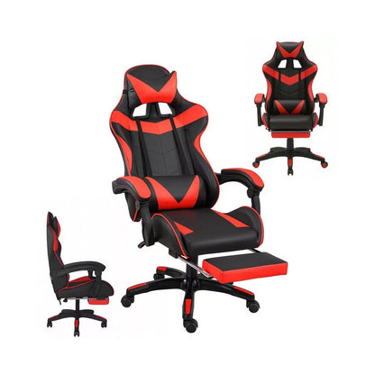 Scaun de gaming cu tapiţerie din piele ecologică, suport pentru picioare şi braţe, negru-roşu