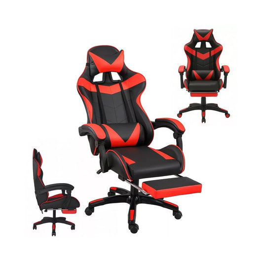 Scaun de gaming cu tapiţerie din piele ecologică, suport pentru picioare şi braţe, negru-roşu