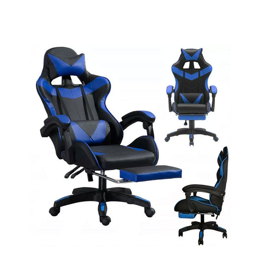 Scaun de gaming din piele ecologică, cu suport pentru picioare şi cotiere, în culori negru-albastru