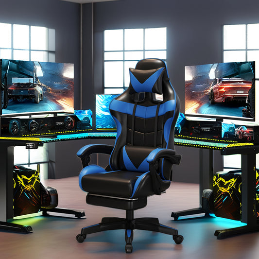 Scaun de gaming din piele ecologică, cu suport pentru picioare şi cotiere, în culori negru-albastru