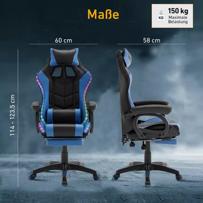 Scaun de gaming RGB LED cu pernă şi cotiere, în culori albastru-negru