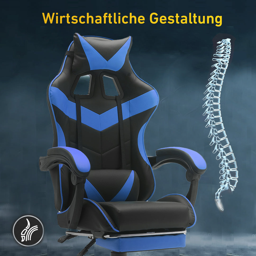 Scaun de gaming din piele ecologică, cu suport pentru picioare şi cotiere, în culori negru-albastru