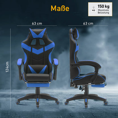 Scaun de gaming din piele ecologică, cu suport pentru picioare şi cotiere, în culori negru-albastru