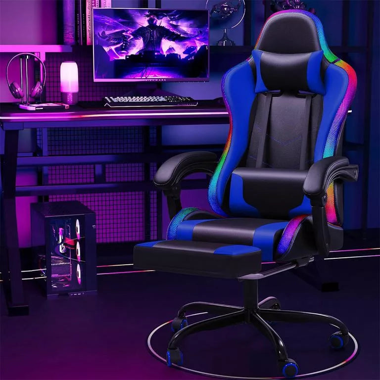 Scaun gamer Zelux cu iluminare RGB albastru-negru